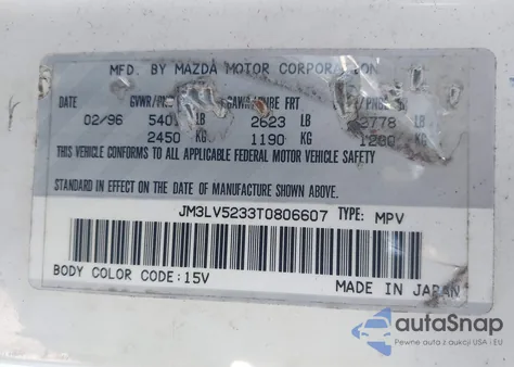 1996 Mazda Mpv Wagon z USA, uszkodzony, nr VIN JM3LV5233T0806607